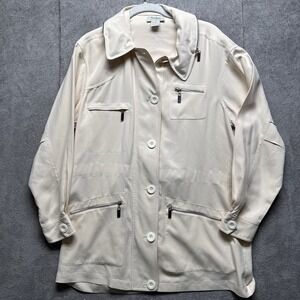 Neiman Marcus Utility Jacket 4 Beige Silk‎ Hooded Packable 4 Pocket Cinch Waist
